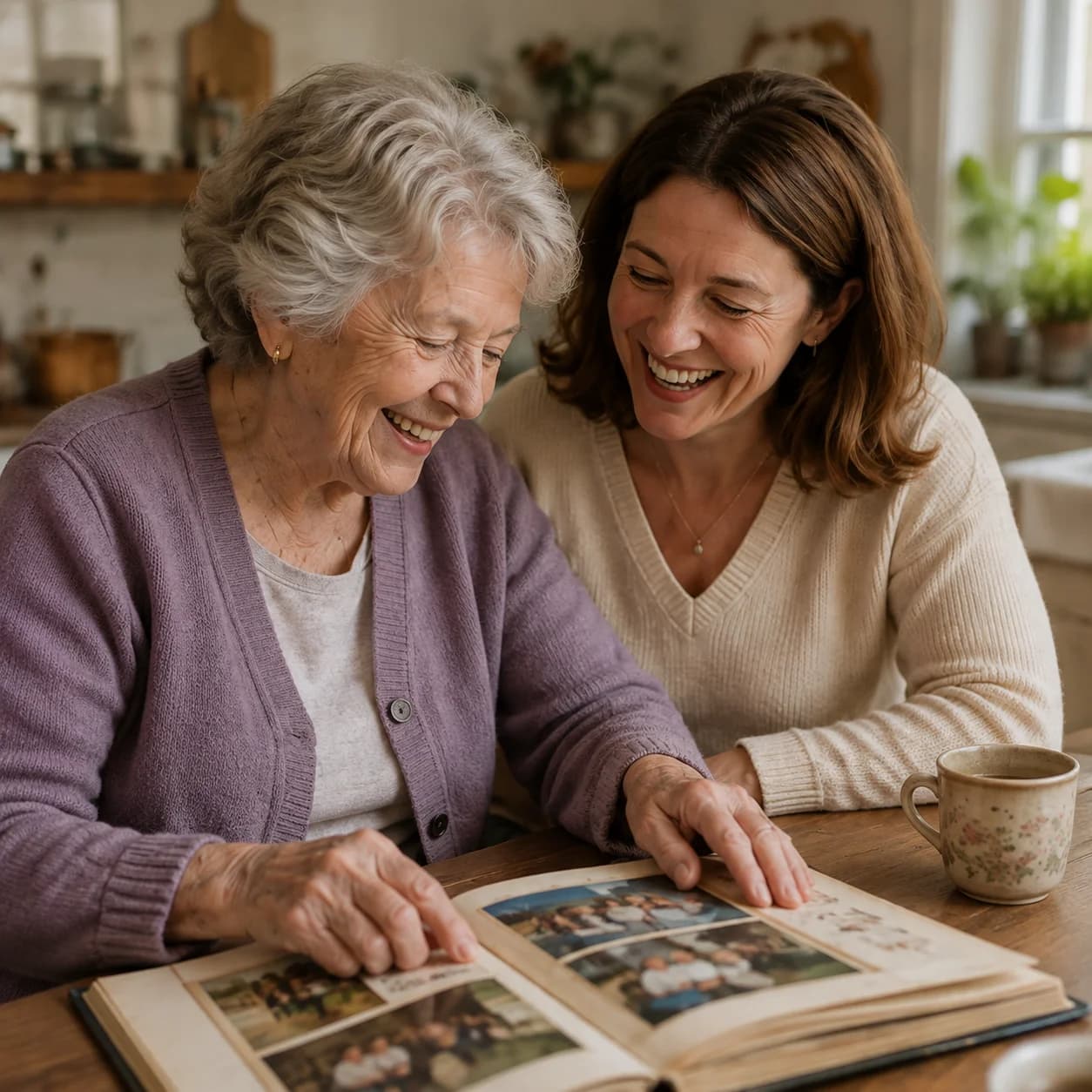 A mother and daughter sharing a family photo album